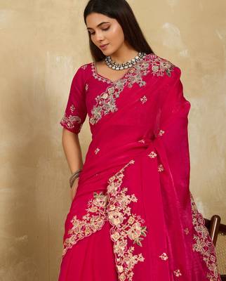 engaging lavender embroidered frendy chiffon traditional saree with blouse 3