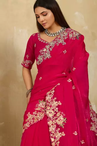 engaging lavender embroidered frendy chiffon traditional saree with blouse