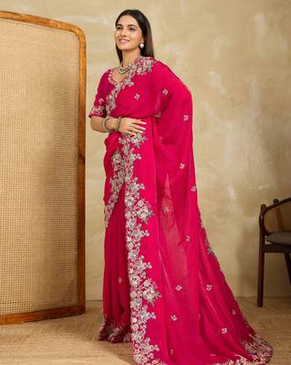 engaging lavender embroidered frendy chiffon traditional saree with blouse 4