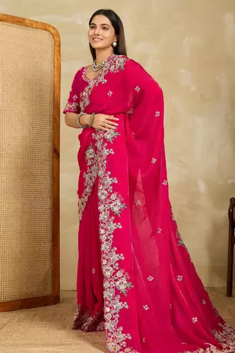 engaging lavender embroidered frendy chiffon traditional saree with blouse