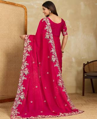 engaging lavender embroidered frendy chiffon traditional saree with blouse 5