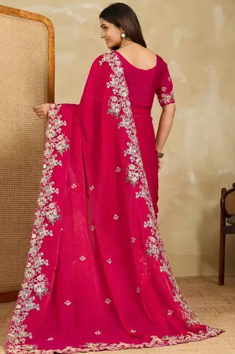 engaging lavender embroidered frendy chiffon traditional saree with blouse