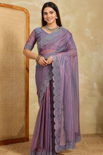 dazzling peach embroidered frendy chiffon wedding saree with blouse