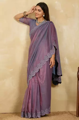 dazzling peach embroidered frendy chiffon wedding saree with blouse