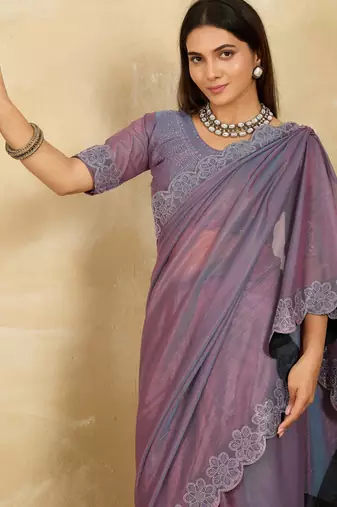 dazzling peach embroidered frendy chiffon wedding saree with blouse