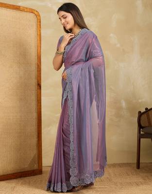 dazzling peach embroidered frendy chiffon wedding saree with blouse 4