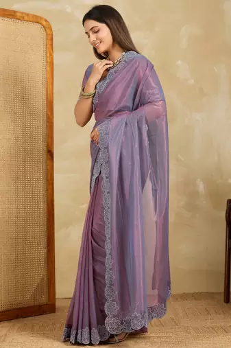 dazzling peach embroidered frendy chiffon wedding saree with blouse