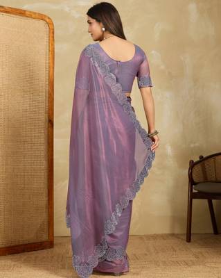 dazzling peach embroidered frendy chiffon wedding saree with blouse 5