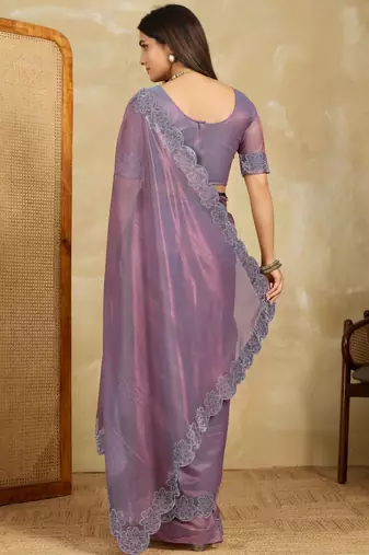 dazzling peach embroidered frendy chiffon wedding saree with blouse