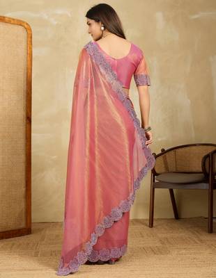 alluring light teal embroidered frendy chiffon party wear saree with blouse 5