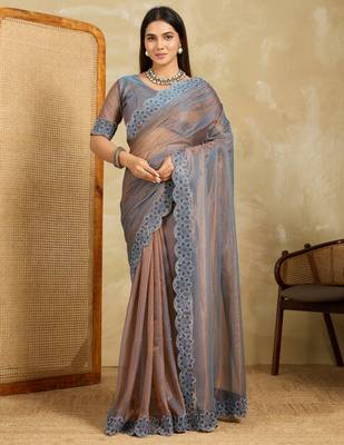 seductive peach embroidered frendy net bridal saree with blouse 1