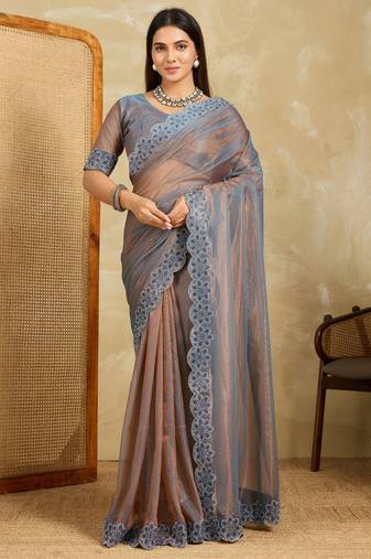 seductive peach embroidered frendy net bridal saree with blouse