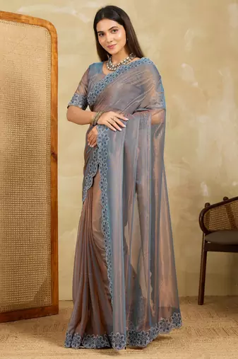 seductive peach embroidered frendy net bridal saree with blouse