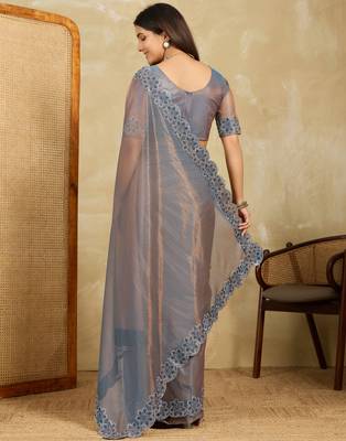 seductive peach embroidered frendy net bridal saree with blouse 4