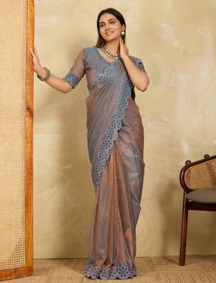 seductive peach embroidered frendy net bridal saree with blouse 5