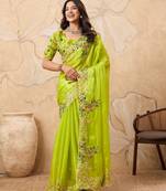 entrancing teal blue embroidered jimmy choo bridal saree with blouse