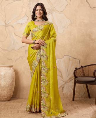 enticing mustard embroidered frendy chiffon party wear saree with blouse 1