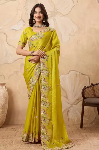 enticing mustard embroidered frendy chiffon party wear saree with blouse