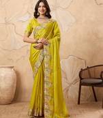 enticing mustard embroidered frendy chiffon party wear saree with blouse