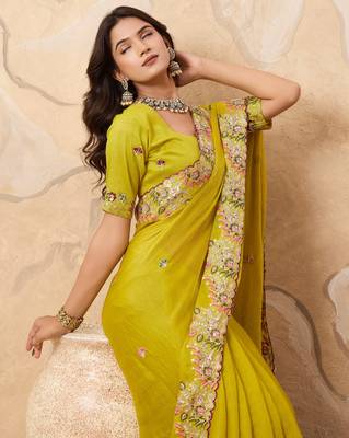 enticing mustard embroidered frendy chiffon party wear saree with blouse 2