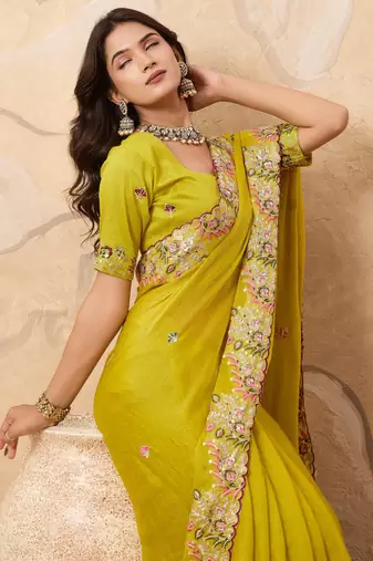 enticing mustard embroidered frendy chiffon party wear saree with blouse