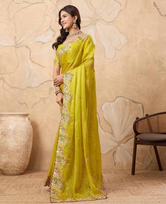 enticing mustard embroidered frendy chiffon party wear saree with blouse 4