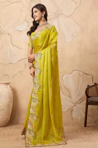 enticing mustard embroidered frendy chiffon party wear saree with blouse