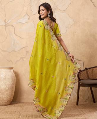 enticing mustard embroidered frendy chiffon party wear saree with blouse 5