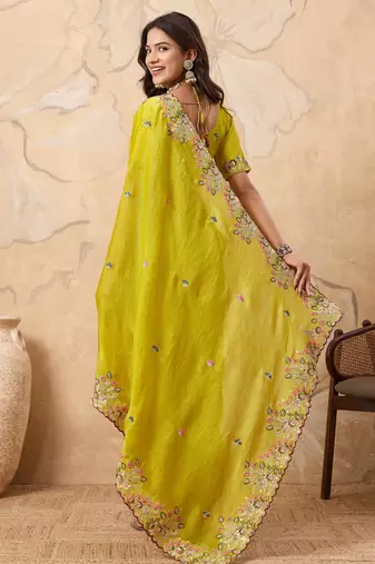enticing mustard embroidered frendy chiffon party wear saree with blouse