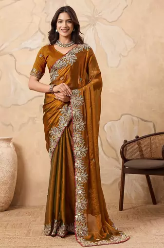 inviting pink embroidered frendy chiffon bridal saree with blouse