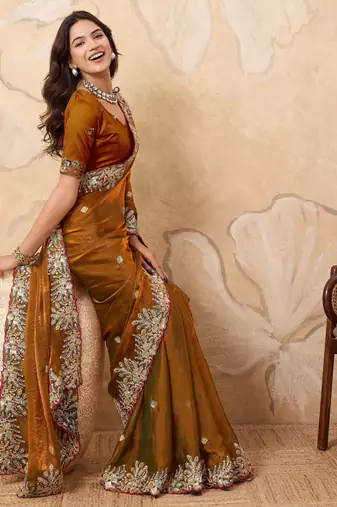 inviting pink embroidered frendy chiffon bridal saree with blouse
