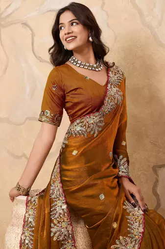 inviting pink embroidered frendy chiffon bridal saree with blouse