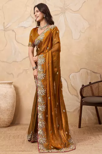 inviting pink embroidered frendy chiffon bridal saree with blouse
