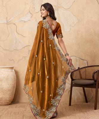 inviting pink embroidered frendy chiffon bridal saree with blouse 5