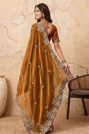 inviting pink embroidered frendy chiffon bridal saree with blouse