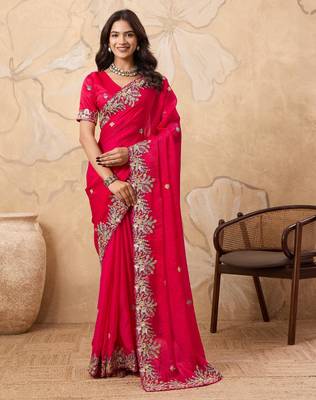 fascinating peach embroidered frendy chiffon traditional saree with blouse 1
