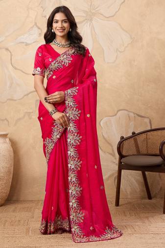fascinating peach embroidered frendy chiffon traditional saree with blouse