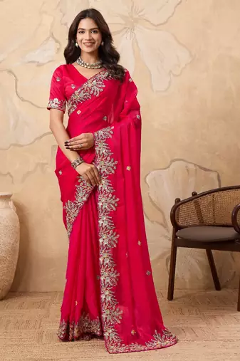 fascinating peach embroidered frendy chiffon traditional saree with blouse