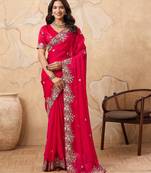 fascinating peach embroidered frendy chiffon traditional saree with blouse