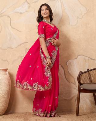 fascinating peach embroidered frendy chiffon traditional saree with blouse 2
