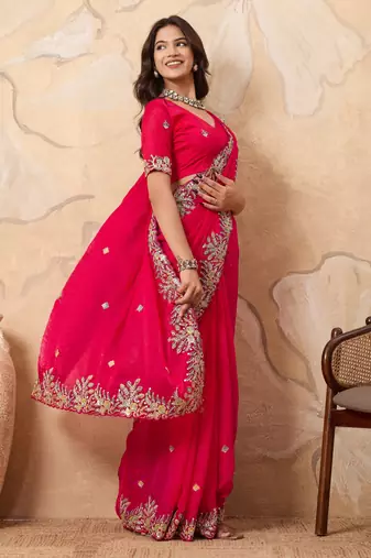 fascinating peach embroidered frendy chiffon traditional saree with blouse