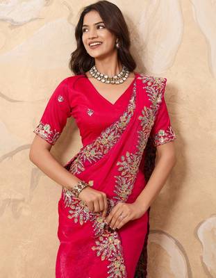 fascinating peach embroidered frendy chiffon traditional saree with blouse 3