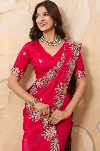 fascinating peach embroidered frendy chiffon traditional saree with blouse