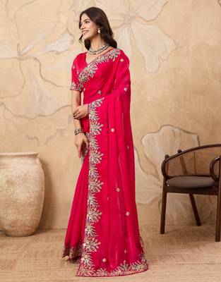 fascinating peach embroidered frendy chiffon traditional saree with blouse 4