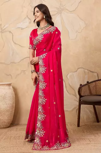 fascinating peach embroidered frendy chiffon traditional saree with blouse
