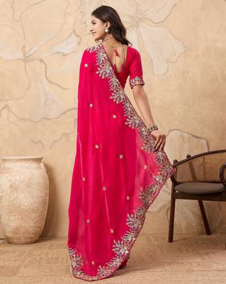fascinating peach embroidered frendy chiffon traditional saree with blouse 5