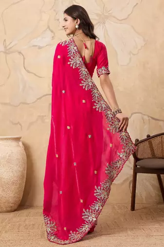 fascinating peach embroidered frendy chiffon traditional saree with blouse