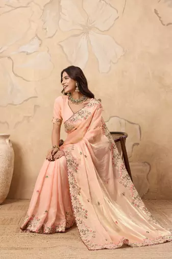 intriguing purple embroidered frendy chiffon wedding saree with blouse
