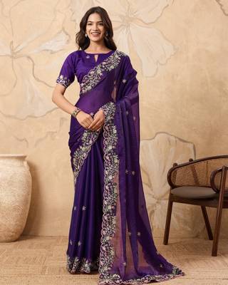 appetizing pink embroidered frendy chiffon party wear saree with blouse 1