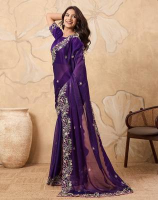 appetizing pink embroidered frendy chiffon party wear saree with blouse 4